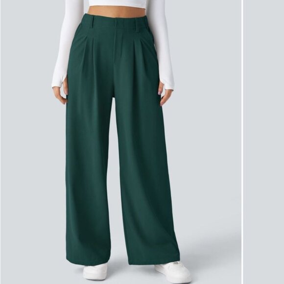 Halara Flex High Waisted Pocket Wide Leg Pant Waffle Office Green Medium Petite - Picture 1 of 13